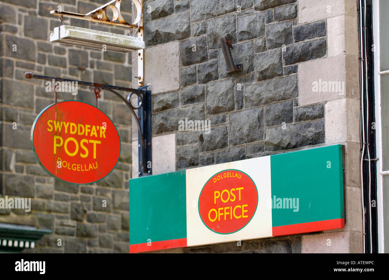 Post Office sign in the Welsh speaking town of Dolgellau Gwynedd North