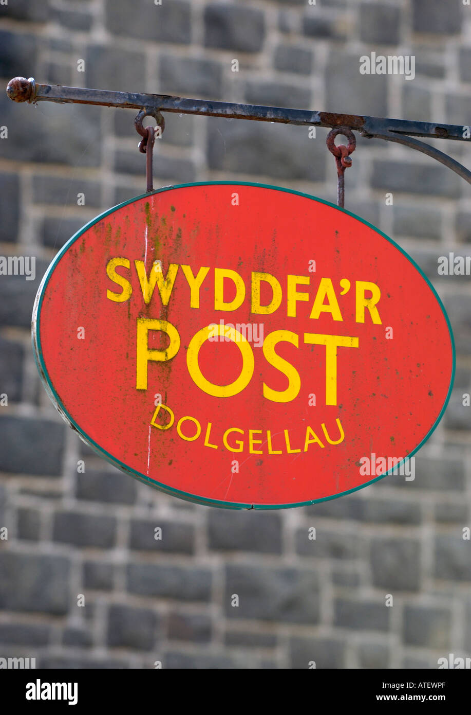 Post Office sign in the Welsh speaking town of Dolgellau Gwynedd North
