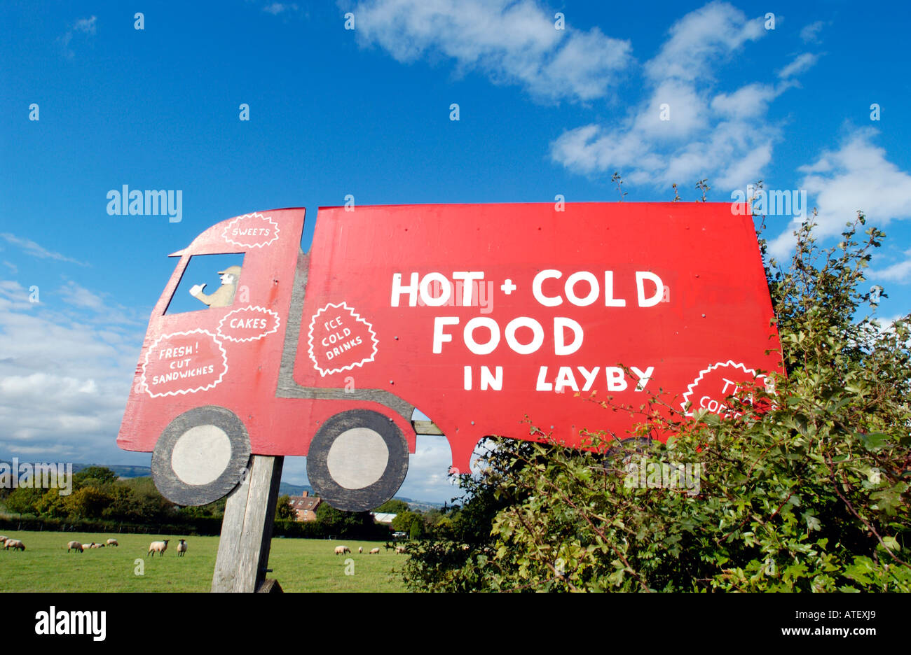 Layby truckstop food sign on A49 road in Herefordshire England UK Stock Photo