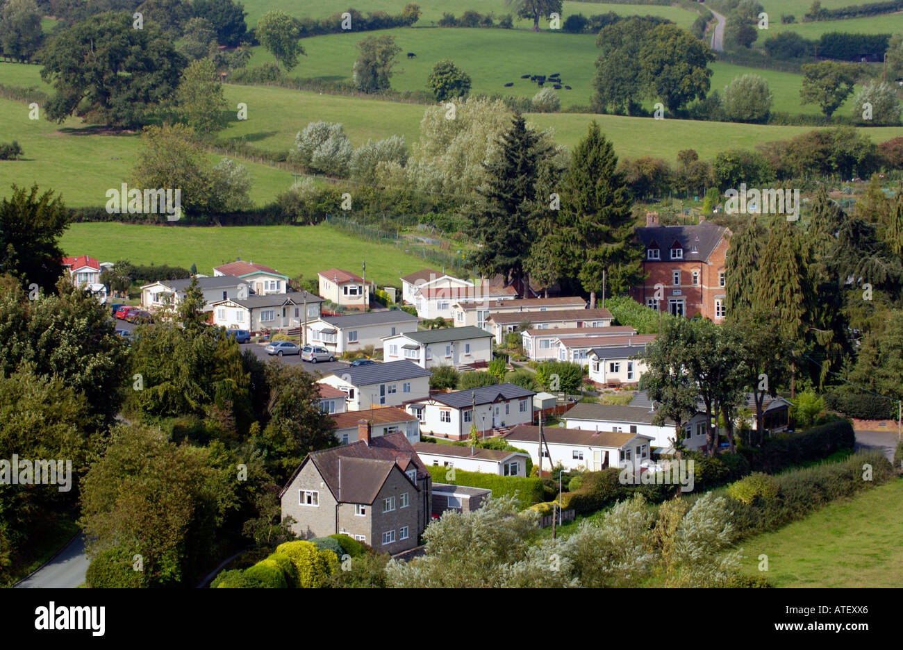 Small mobile home park in countryside on outskirts of historic town of