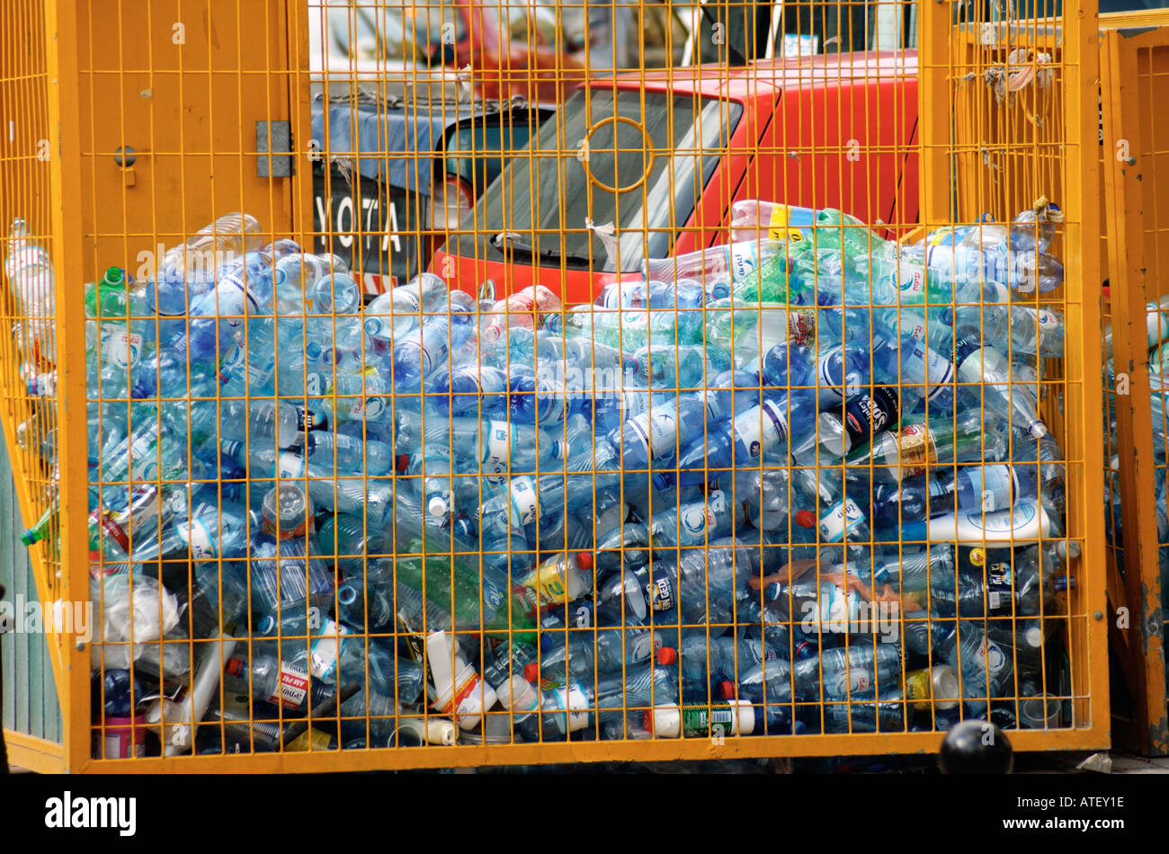 Plastic bottles recycling collection bin Tel Aviv Israel Stock Photo