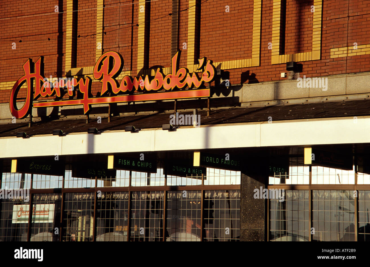 Sign of Harry Ramsden's Fish & Chip Shop, Blackpool, Lancashire
