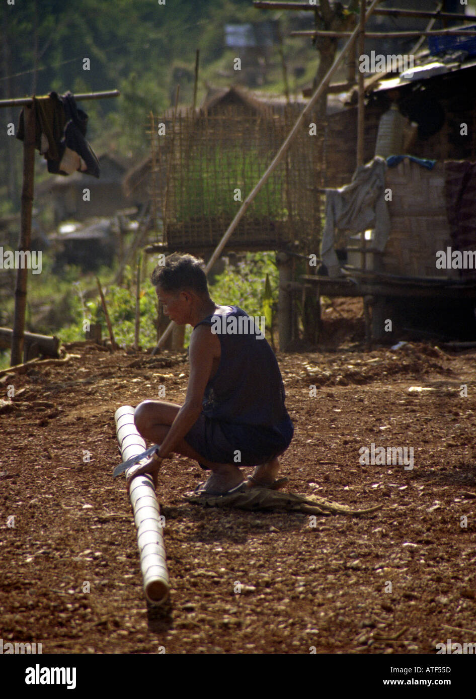 Indigenous man cutting bamboo cane to build wooden shack supported with piles in rural area Muang Xai Laos Southeast Asia Stock Photo