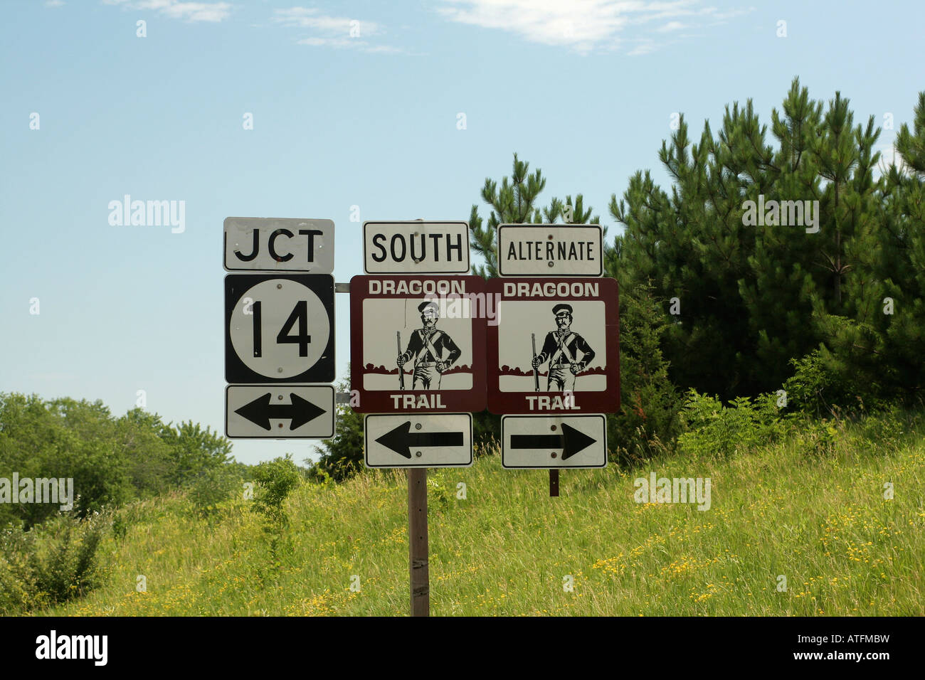 Route markers for the Dragoon Trail in Iowa Stock Photo Alamy