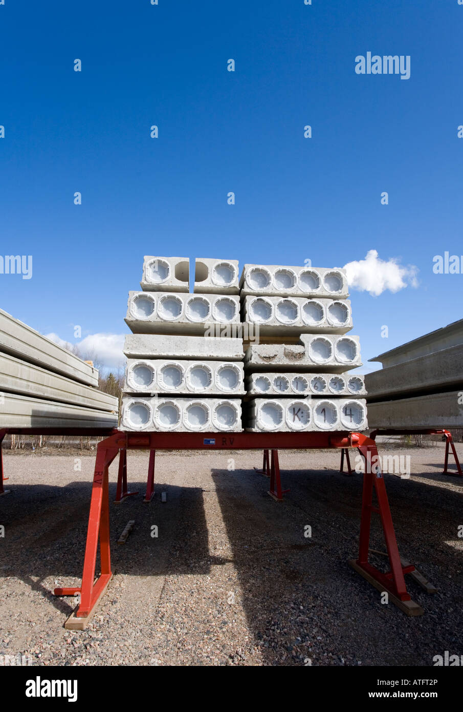 Inventory of prefabricated hollow core concrete construction elements , Finland Stock Photo