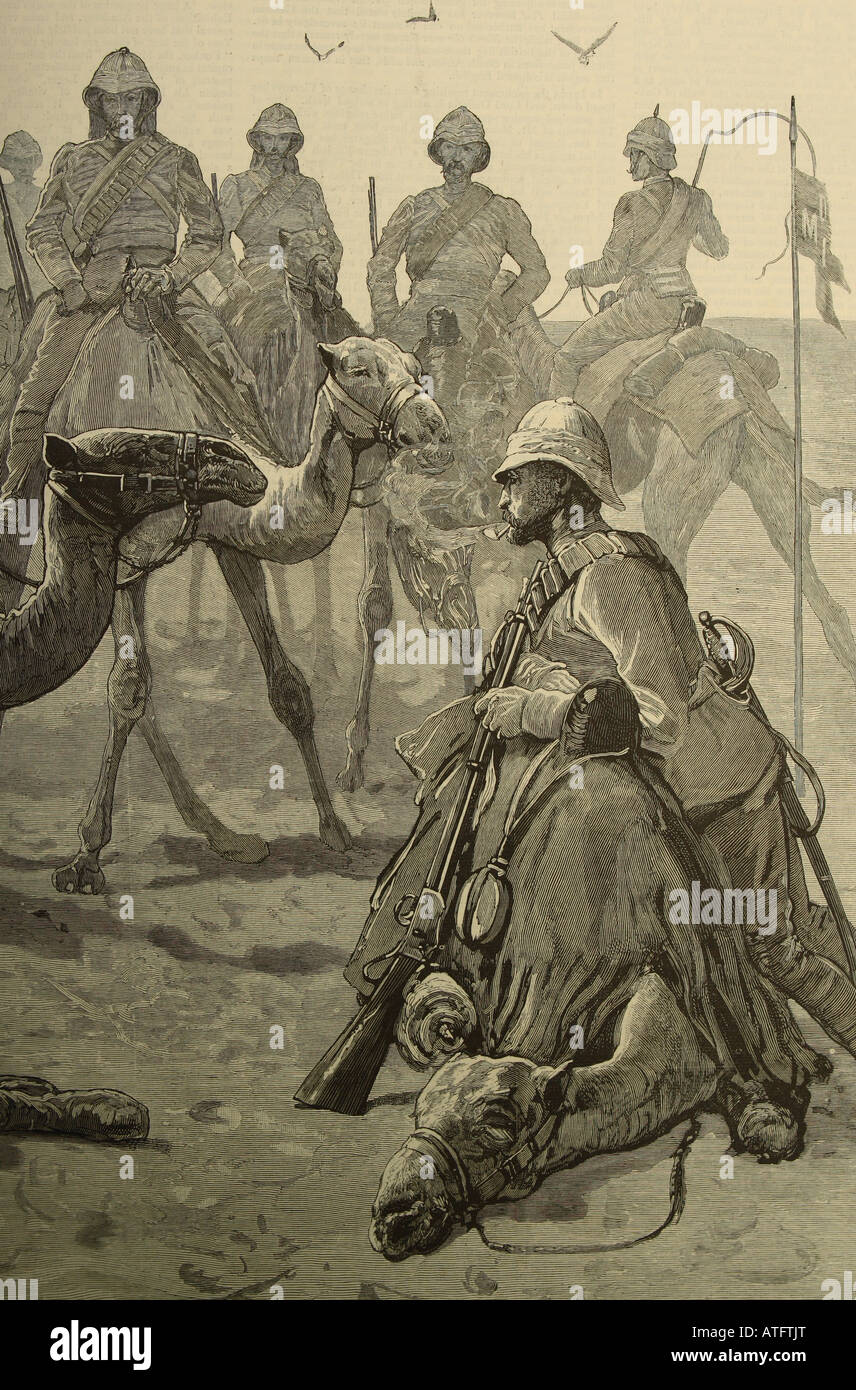 British Army Camel Corps soldier resting between Sarass and Dongola in the Nubian Desert as published in 1885 Stock Photo