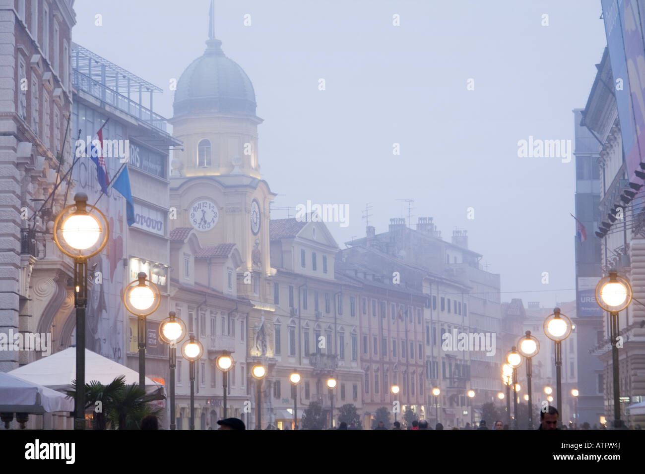 Fog in town, Rijeka in Croatia Stock Photo