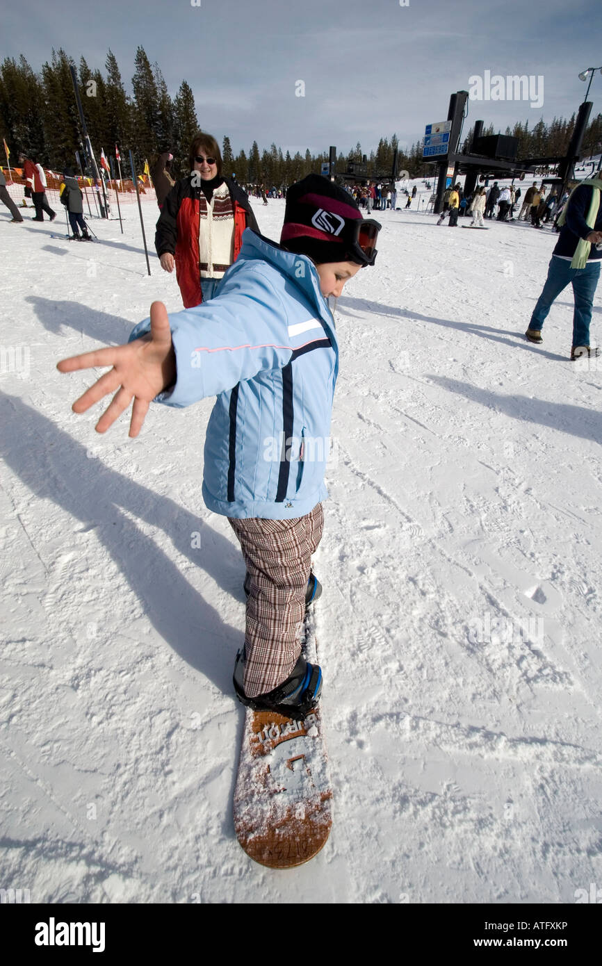 Anne Bartram rides a showboard for the first time on Tuesdsay, Jan. 1, 2008 in Soda Springs, California. Photo by Kevin Bartram Stock Photo