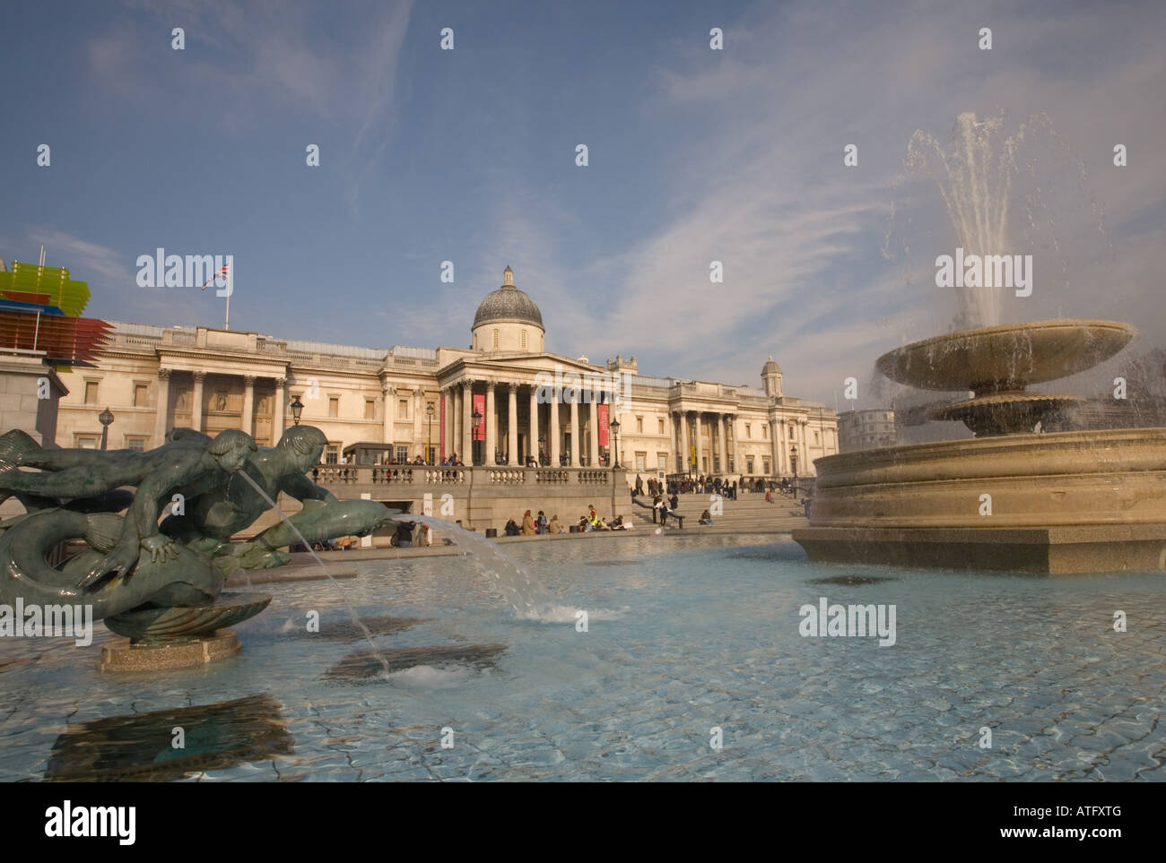 The National Gallery and fountains in Trafalgar Square London Stock Photo