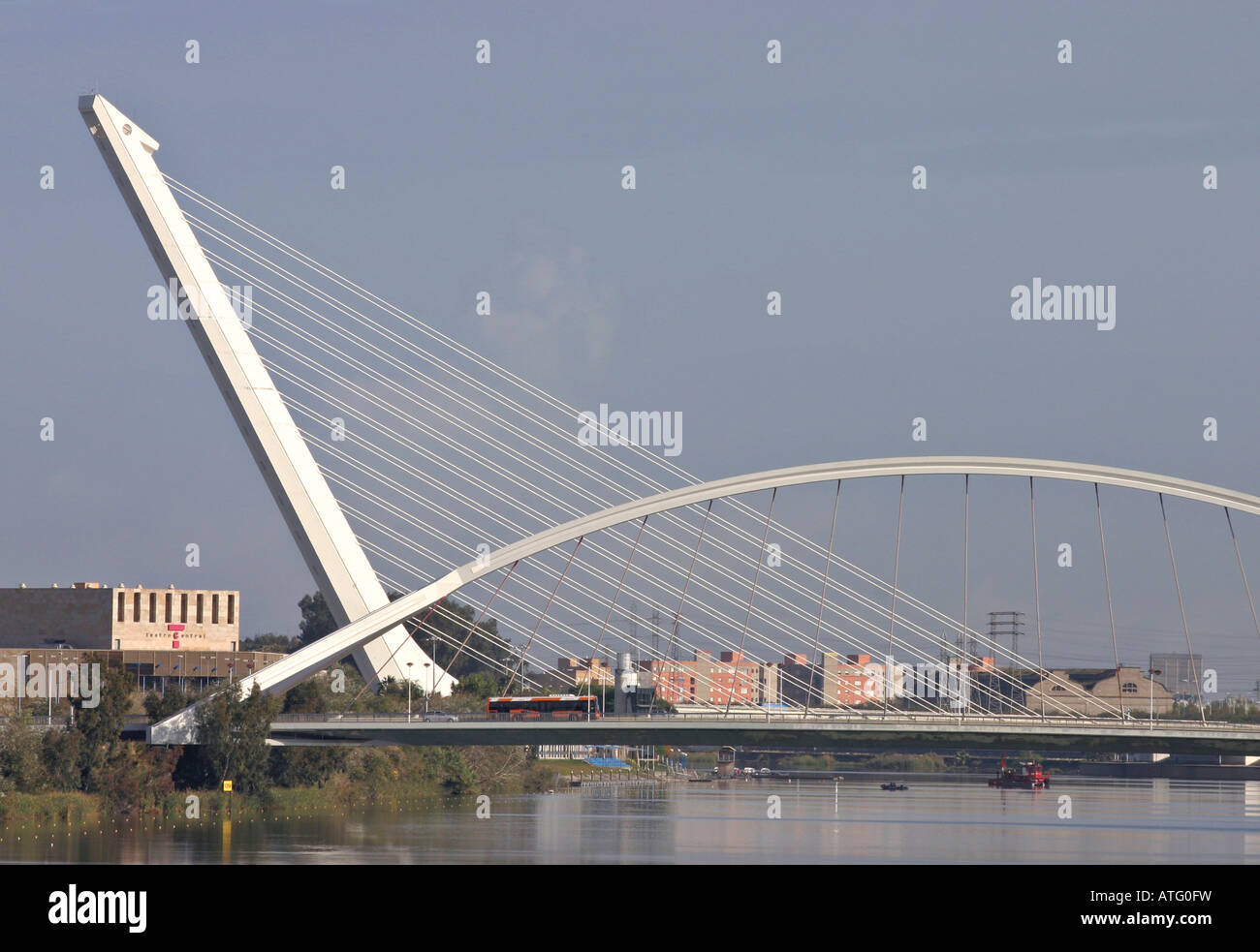 High Strung Overlapping Seville Bridges. Two modern bridges over the Meandro San Jeronimo River join to make a sculptural form Stock Photo