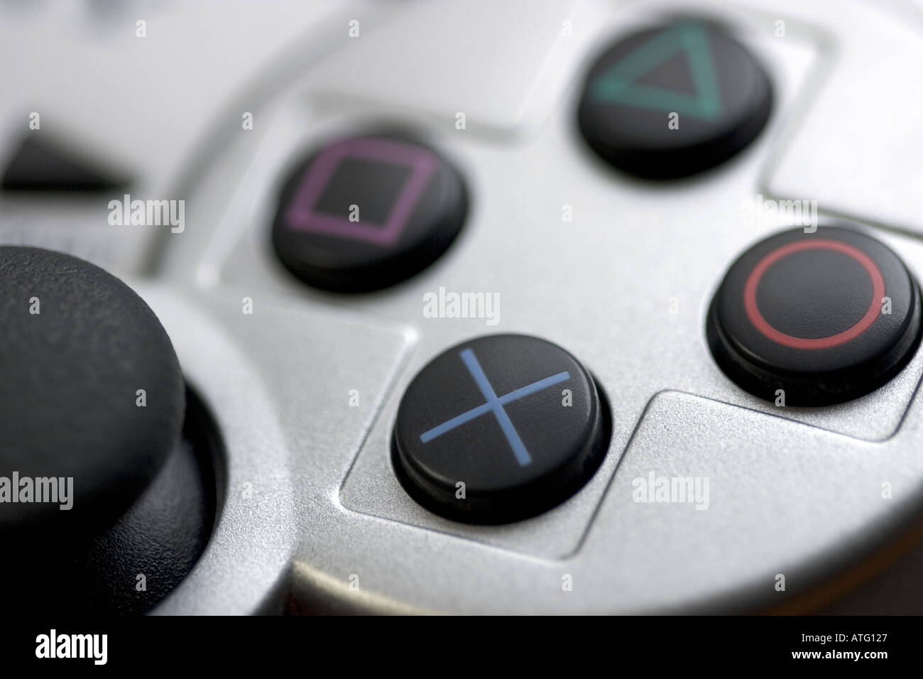 Close up of Sony console game pad buttons Stock Photo