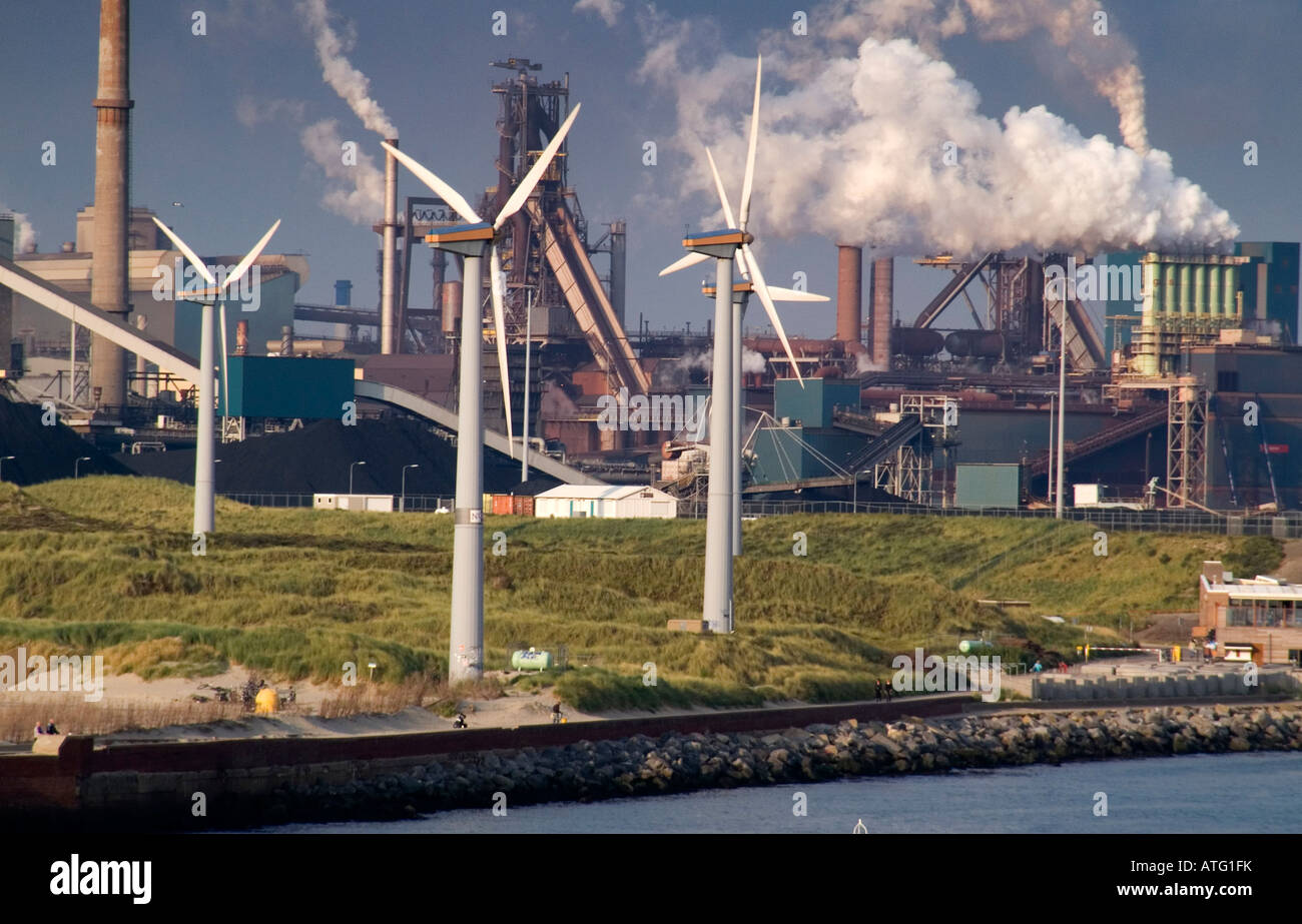 Coal power station and windfarm in the Netherlands port of Ijmuiden Stock Photo