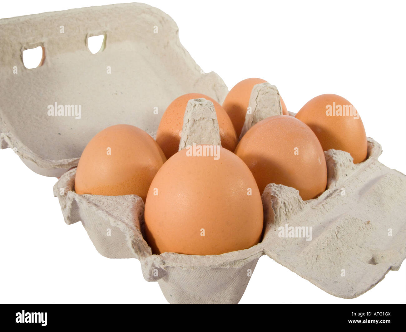 Half dozen fresh eggs in box made of recycled paper Stock Photo