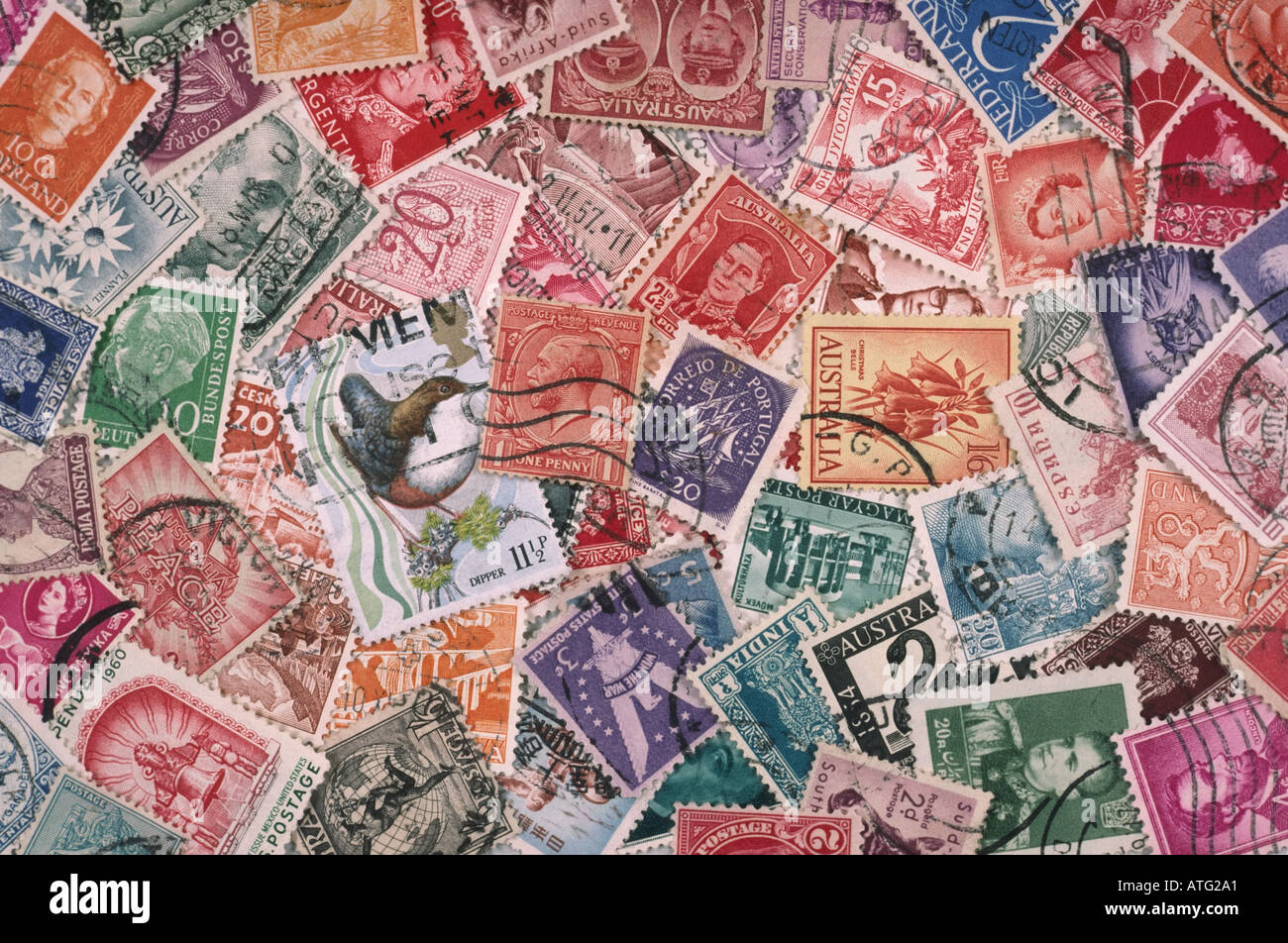Collection of Old Used Postage Stamps Stock Photo