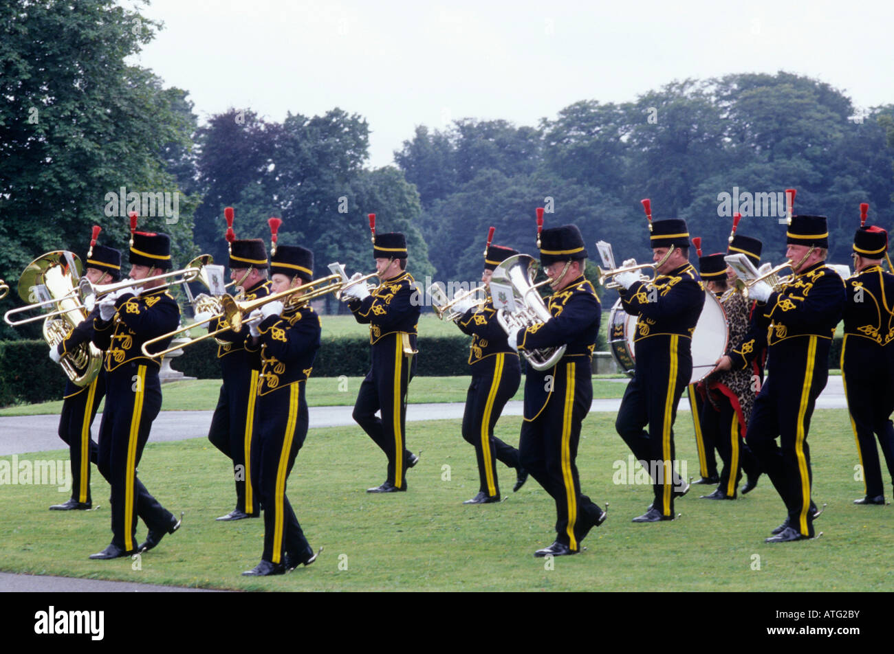 Brass Band Marching South Yorkshire Yeomanry music musicians musical instruments England English UK uniform military re-enact Stock Photo