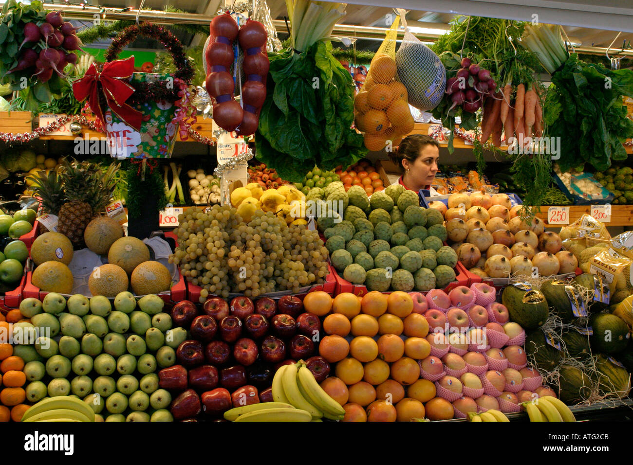 Spanish woman fruit seller gibraltar indoor market british dependent territory europe Stock Photo