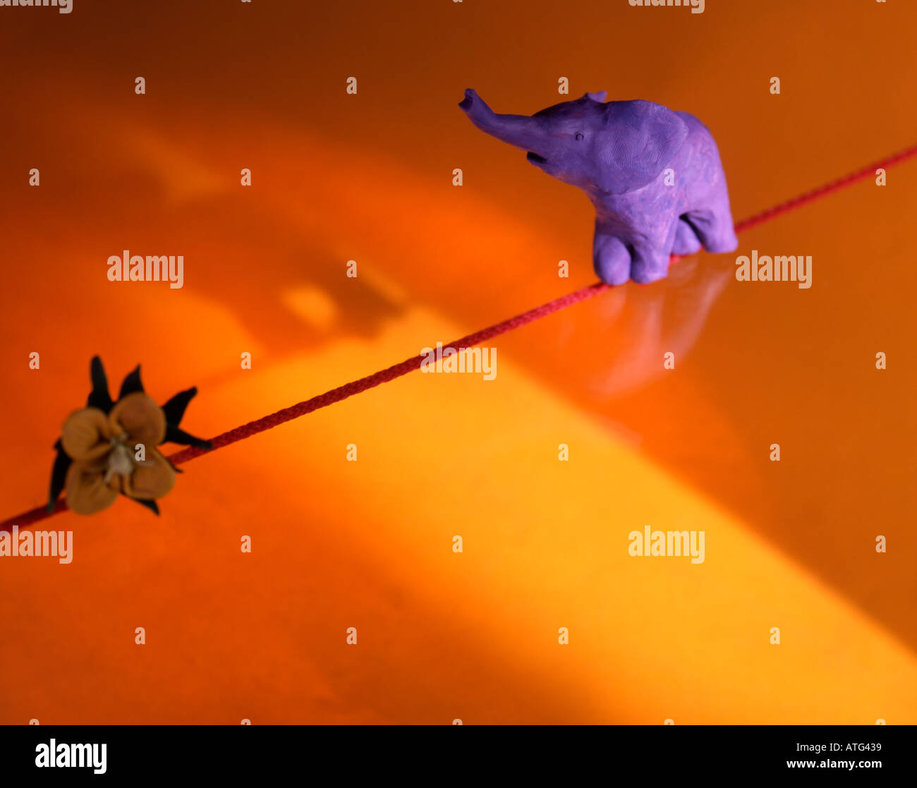 Toy elephant walking on a rope towards a flower. Concept of movement ...