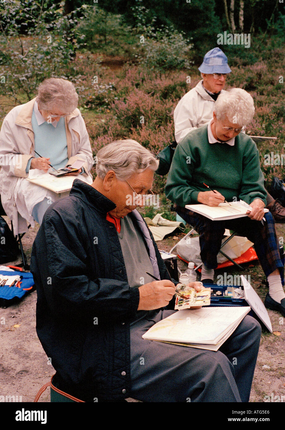 An amateur art club painting in the woods at Horsell outside Woking Surrey Stock Photo