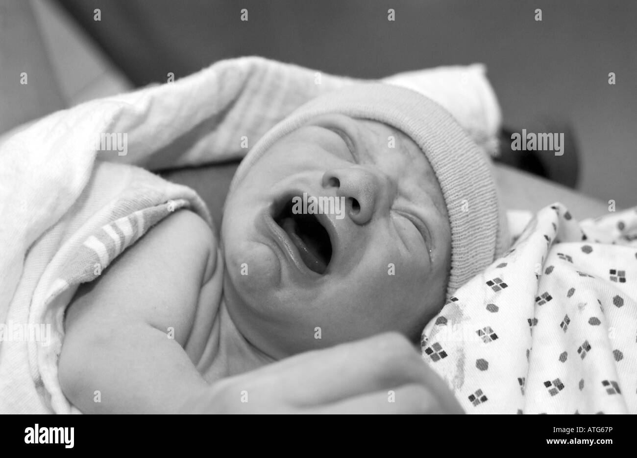 Crying newborn infant baby boy only minutes old Stock Photo