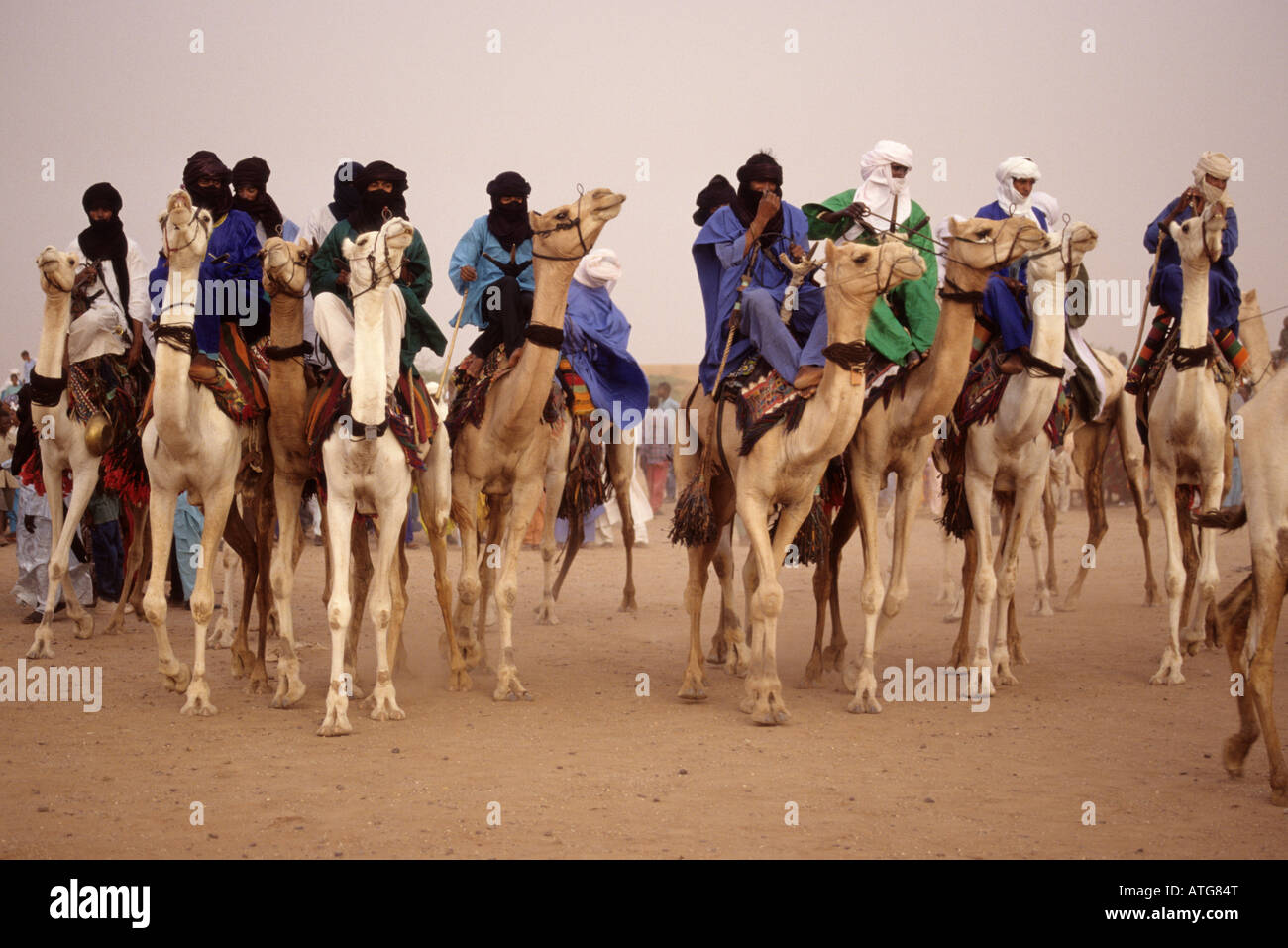 In-Gall, near Agadez, Niger. Tuaregs Parading Camels at Annual Cure Salé, Annual Gathering of Tuareg Nomads in northern Niger. Stock Photo