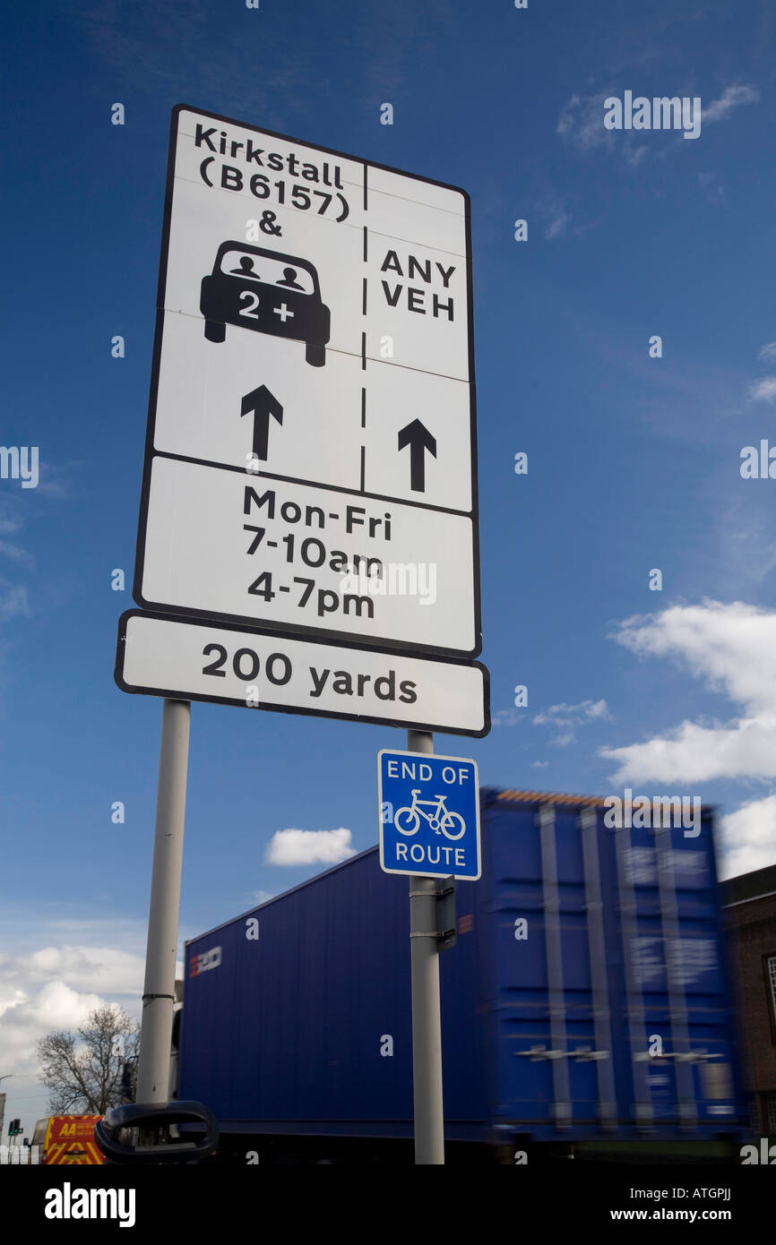 Sign for 2+  Car Sharing Lane in Leeds on the A647 Stock Photo