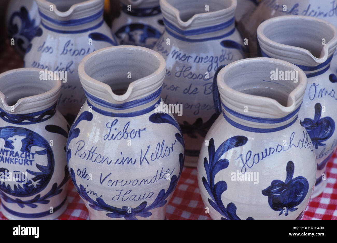 Typical jugs of stoneware with aphorisms on it called Bembel especially for cider Frankfurt Hesse Germany Stock Photo