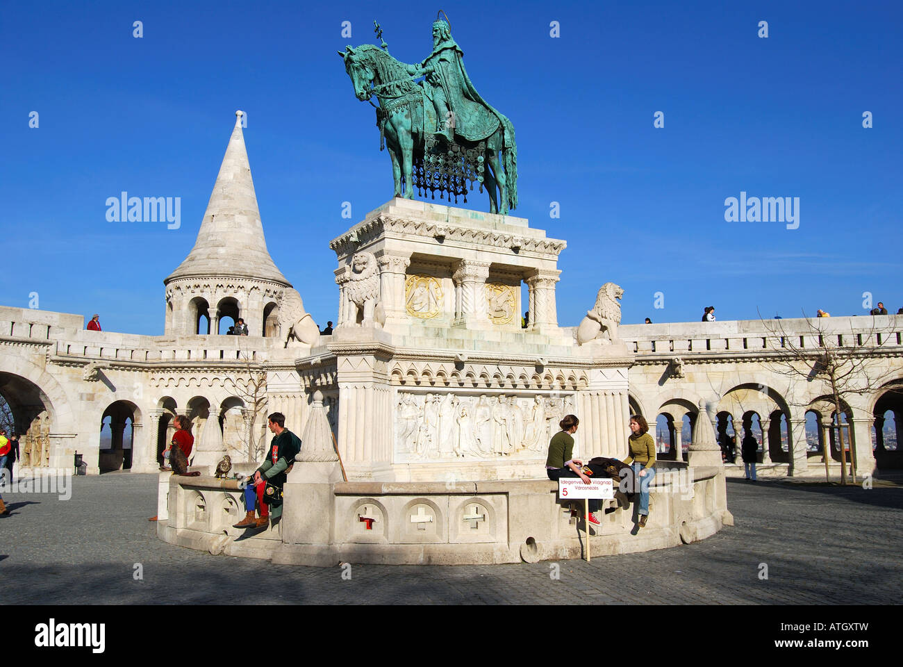St.Stephen's statue and ramparts, Fisherman's Bastion, The Castle District, Buda, Budapest, Republic of Hungary Stock Photo