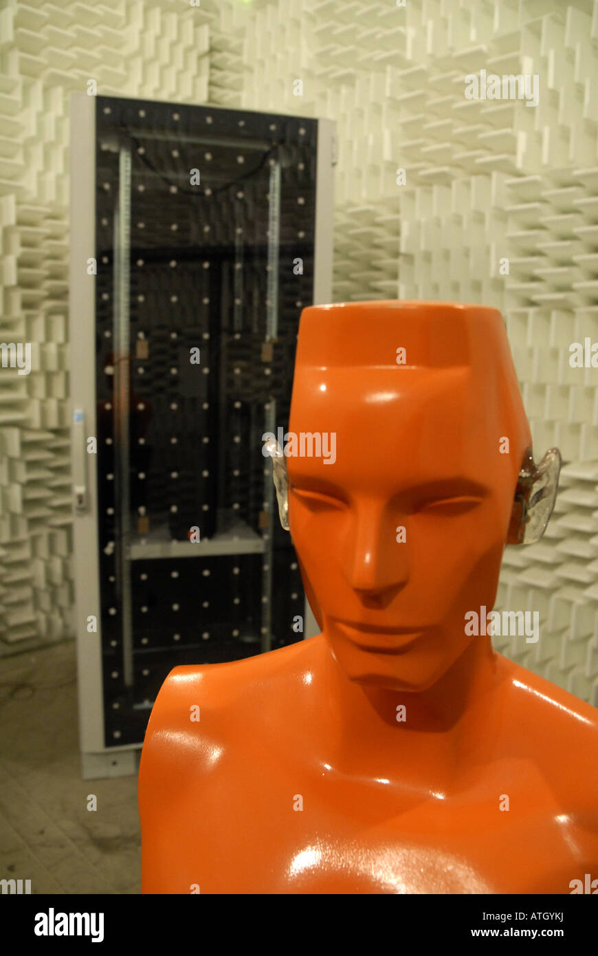 Dummy artificial head measuring the noise of an IT-Rack working as a demonstrator for 'Active Structural Acoustic Control'(ASAC) Stock Photo