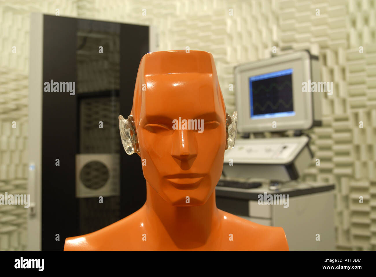 Dummy artificial head measuring the noise of an IT-Rack working as a demonstrator for 'Active Structural Acoustic Control'(ASAC) Stock Photo
