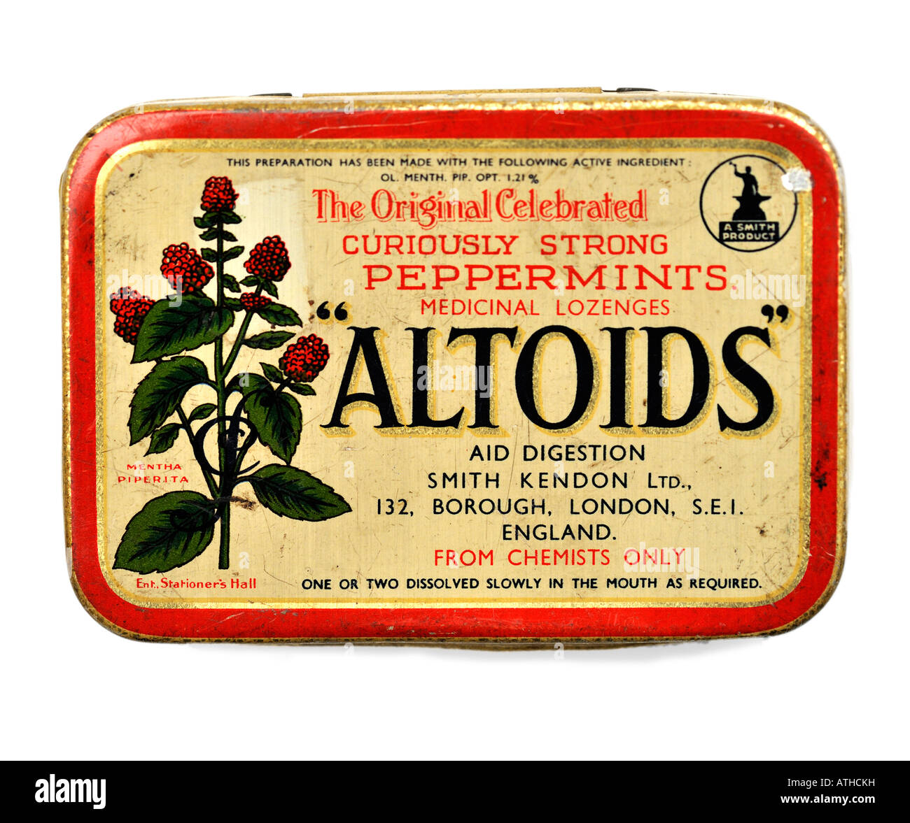 Old Vintage Tin Box of Altoids Smith Kendon Curiously Strong Peppermints Medicinal Lozenges FOR EDITORIAL USE ONLY Stock Photo