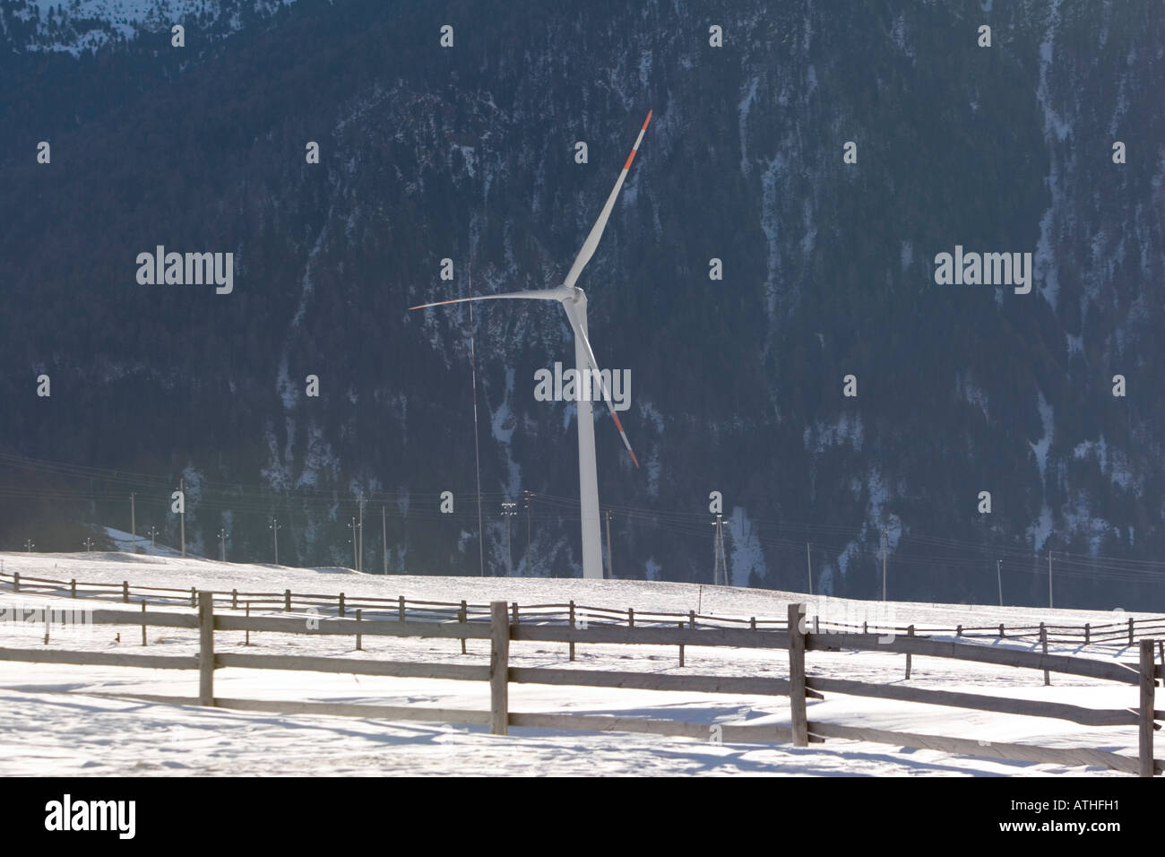 Wind turbine in South Tyrol, Italy. Stock Photo