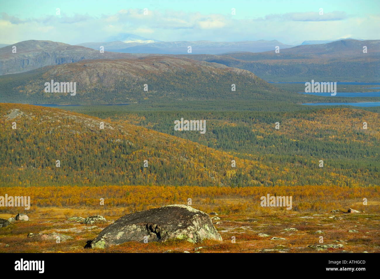 An autumn view from the slopes of Mt Jarre towards Padjelanta National Park Laponia nr Jokkmokk Lapland Sweden Stock Photo