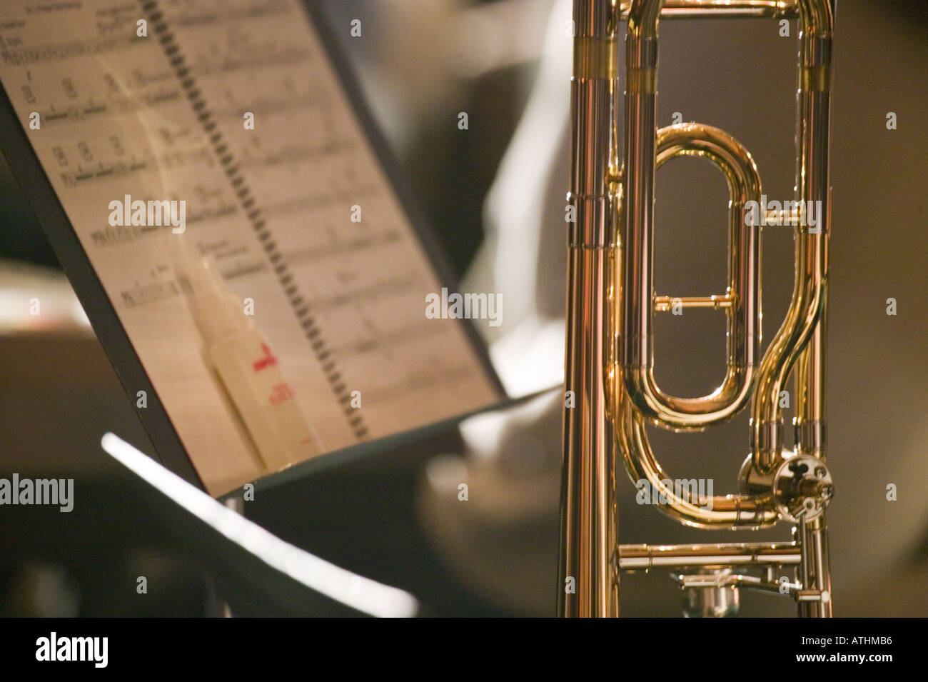 Still life with trombone and musical score Stock Photo