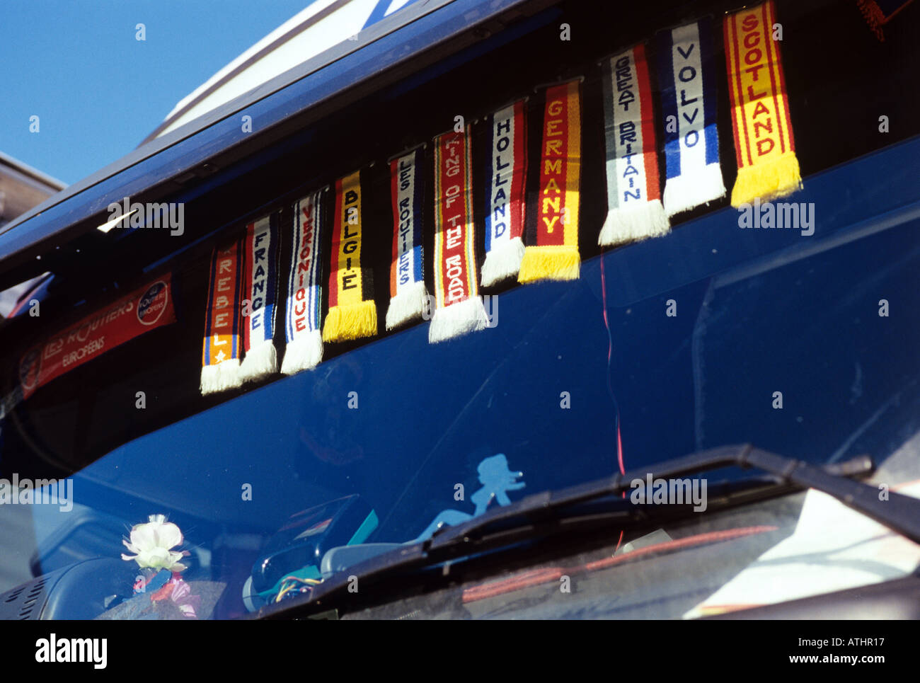 Banners in lorry drivers cab. Stock Photo