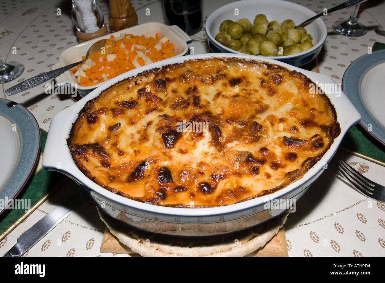 Dish of freshly cooked lasagne straight out of the Aga ready to serve