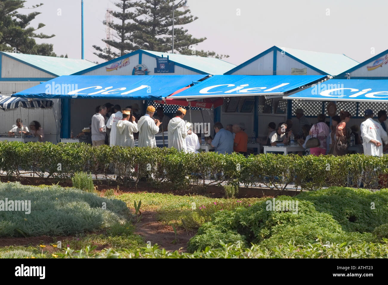 Open air fish restaurants in the port essaouira Stock Photo Alamy