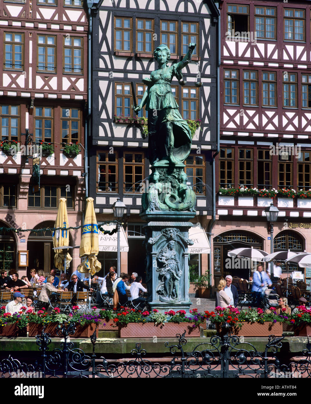 Reconstructed 'half-timbered' buildings and the Gerechtigkeitsbrunnen statue in Romerberg Square, Frankfurt am Main, Germany. Stock Photo