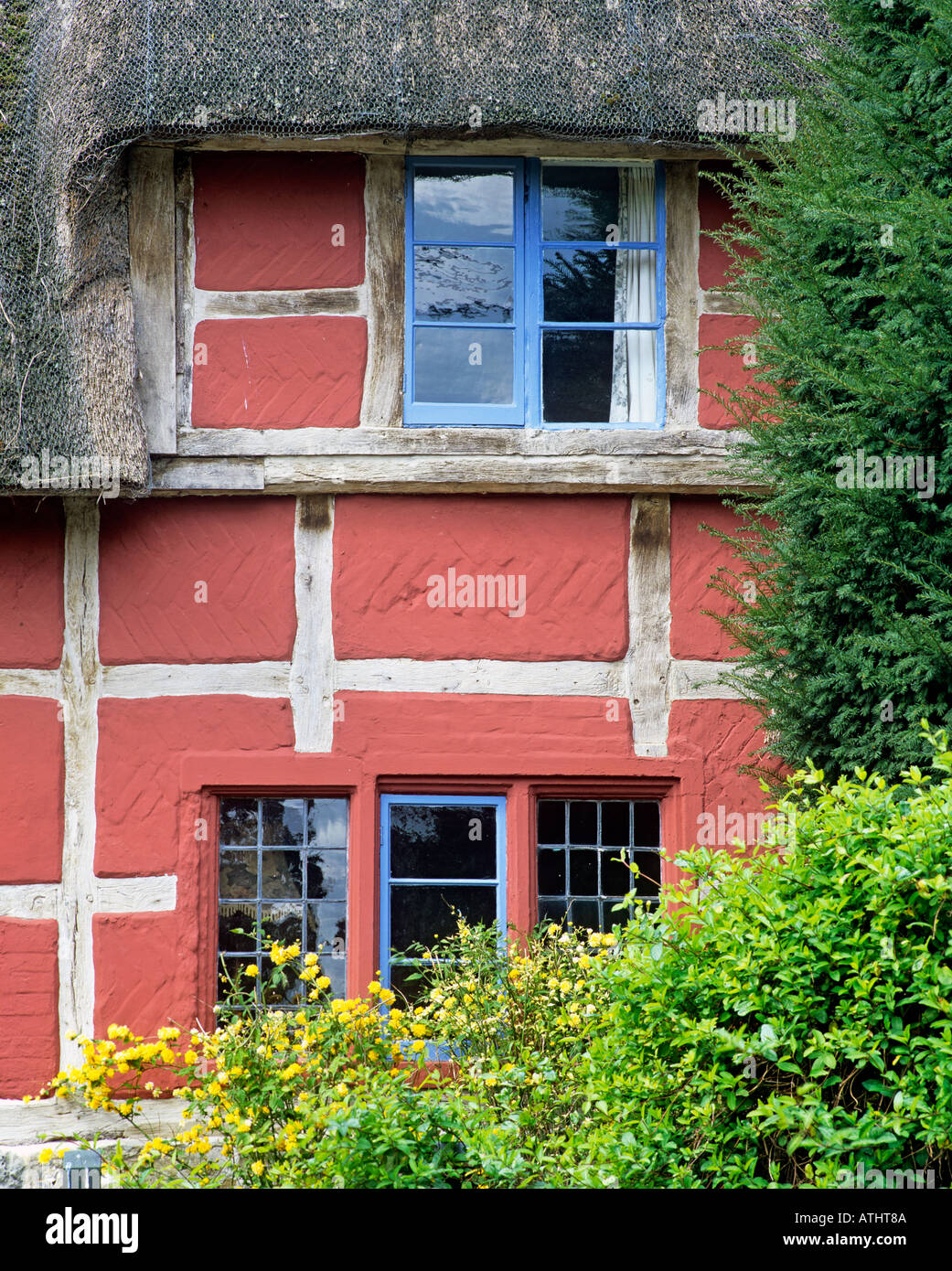 Close up of half timbered thatched house, Bratton, Wiltshire Stock Photo