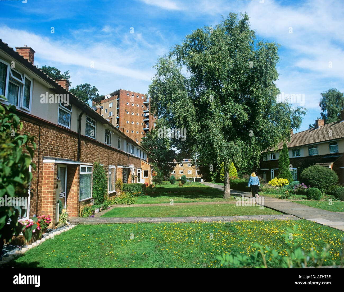 Terraced houses facing onto a footpath route in Harlow New Town Stock