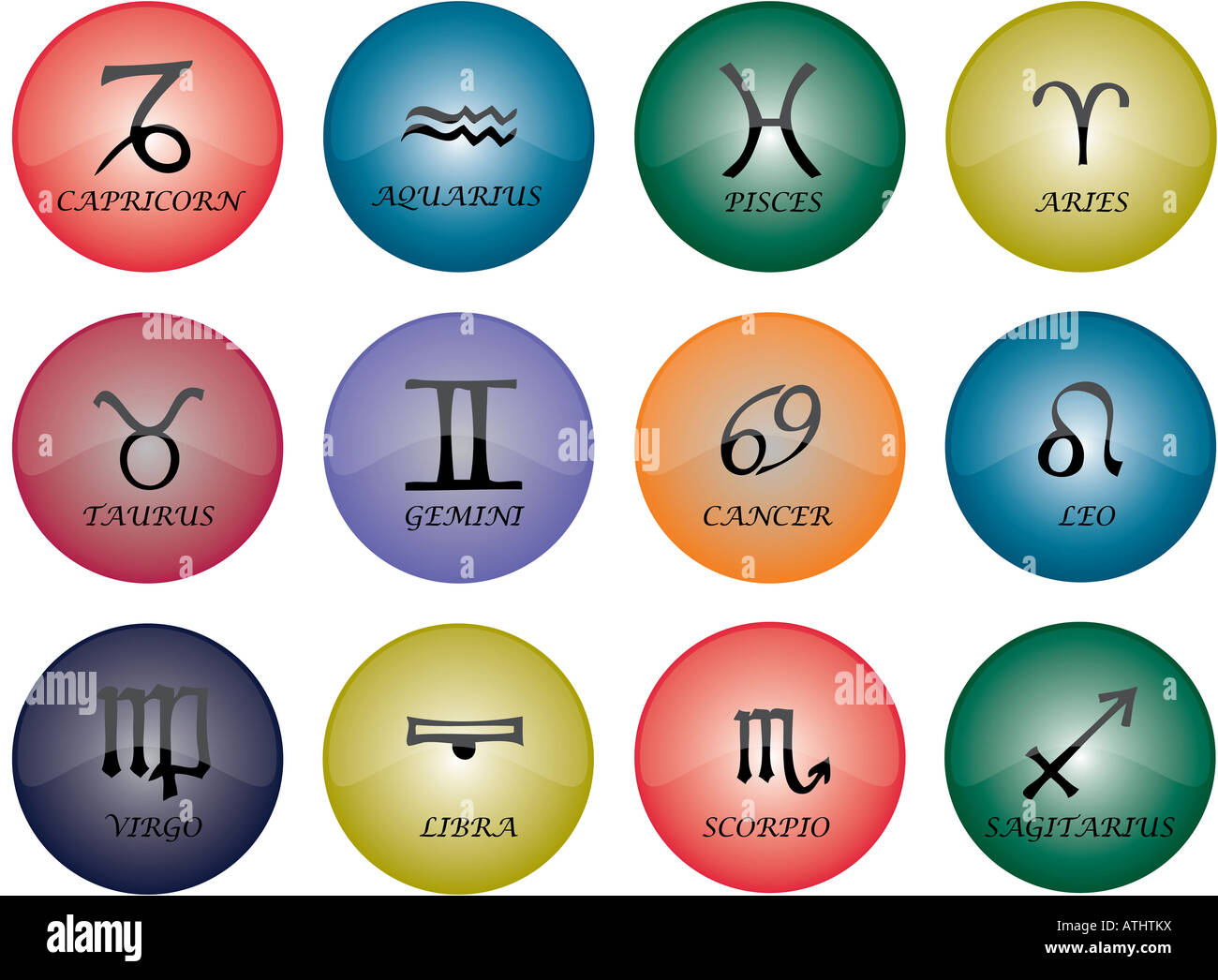 Vector graphic of buttons zodiac signs with multicoloured glaze Stock Photo