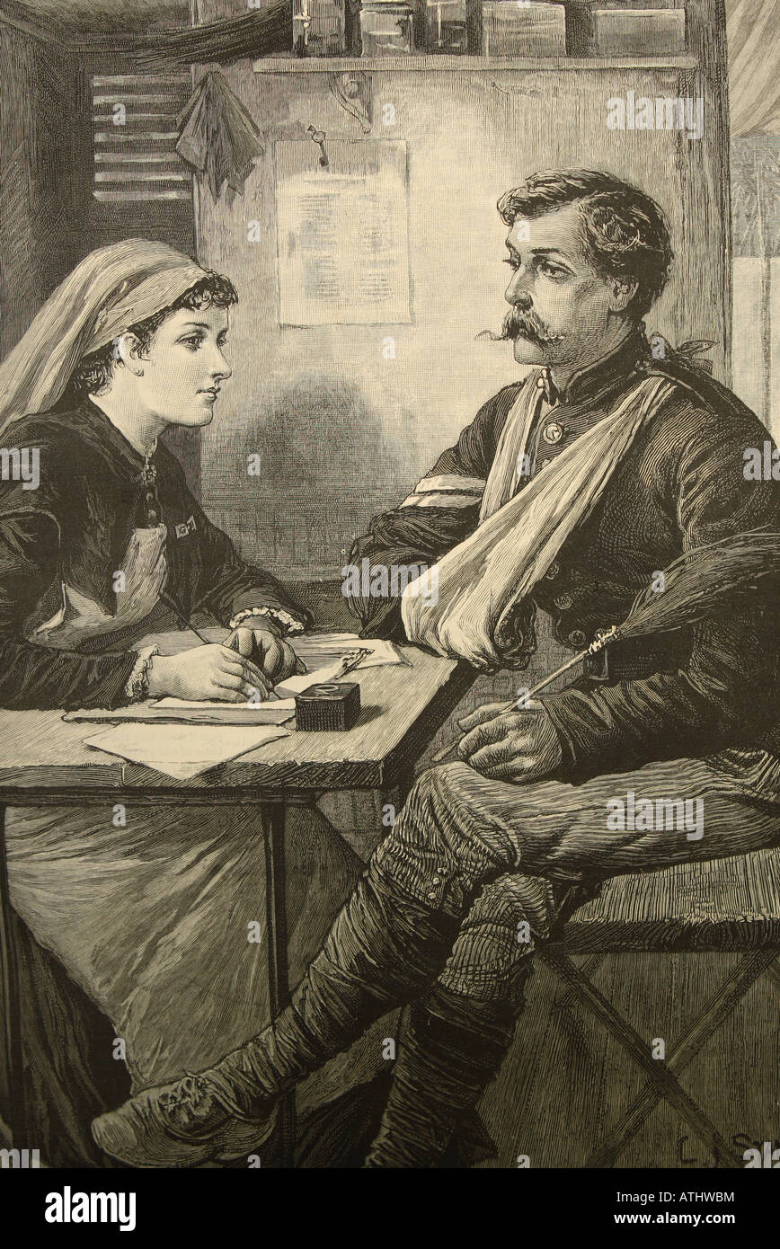 A nurse helps a British Army wounded soldier write a letter home from Sudan Africa as publsihed in 1885 Stock Photo