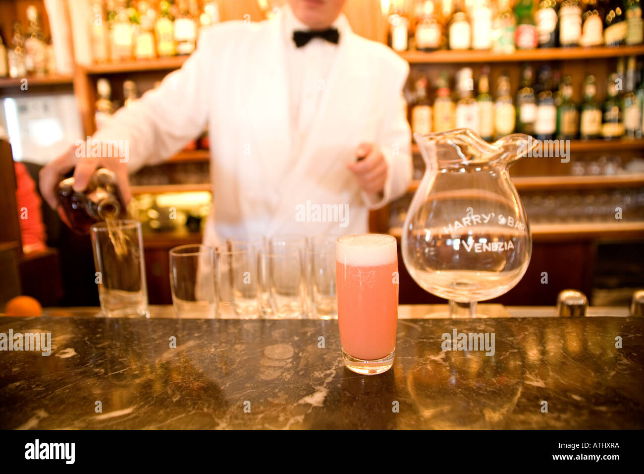 The Bellini aperitif at Harry's Bar in Venice Italy where it was invented Stock Photo