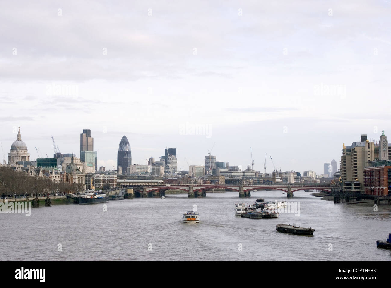 City of London landscape from Waterloo Bridge showing Thames river skyline including Saint Paul s Cathedral Stock Photo