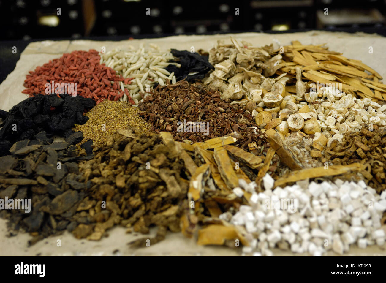 Chinese traditional medicine herbs in Baitasi pharmacy, Beijing, China. 26-Feb-2008 Stock Photo
