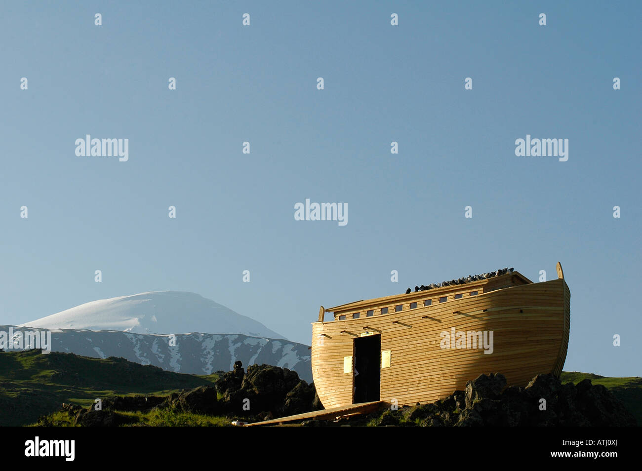A replica of Noah's Ark built by Greenpeace on Mount Ararat, in Turkey, in order to protest global warming. Stock Photo