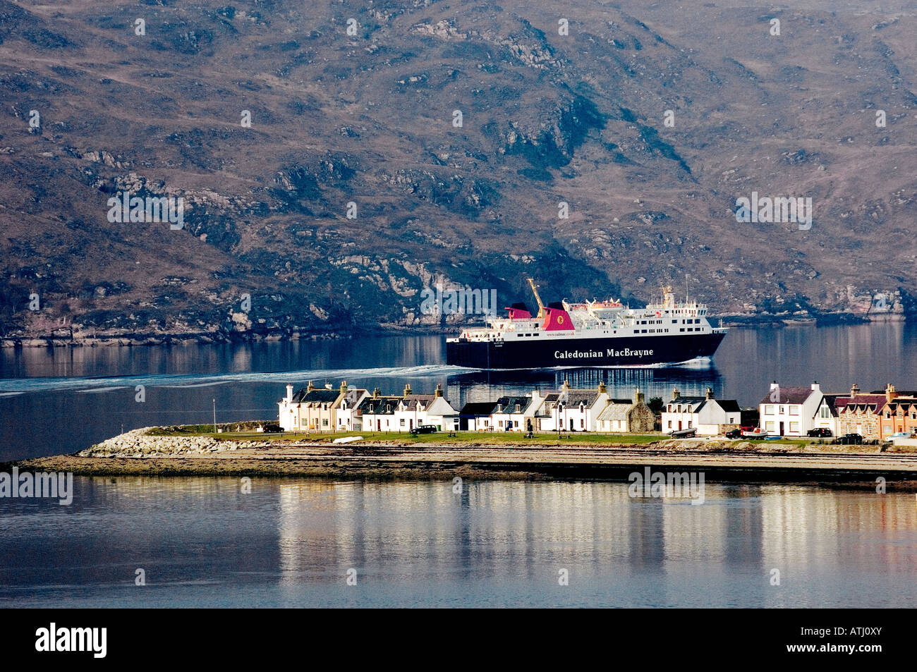 Caledonian MacBrayne passenger car ferry leaves Ullapool in Loch Broom for Stornoway in the Outer Hebrides. North Scotland, UK Stock Photo