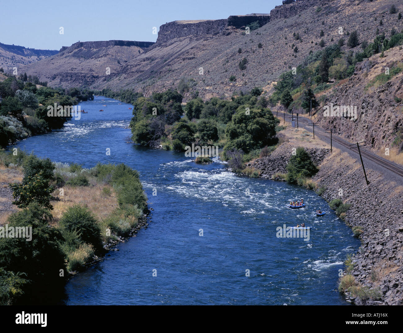 A view of white water rafters on the Lower Deschutes River near the town of Maupin in central Oregon Stock Photo