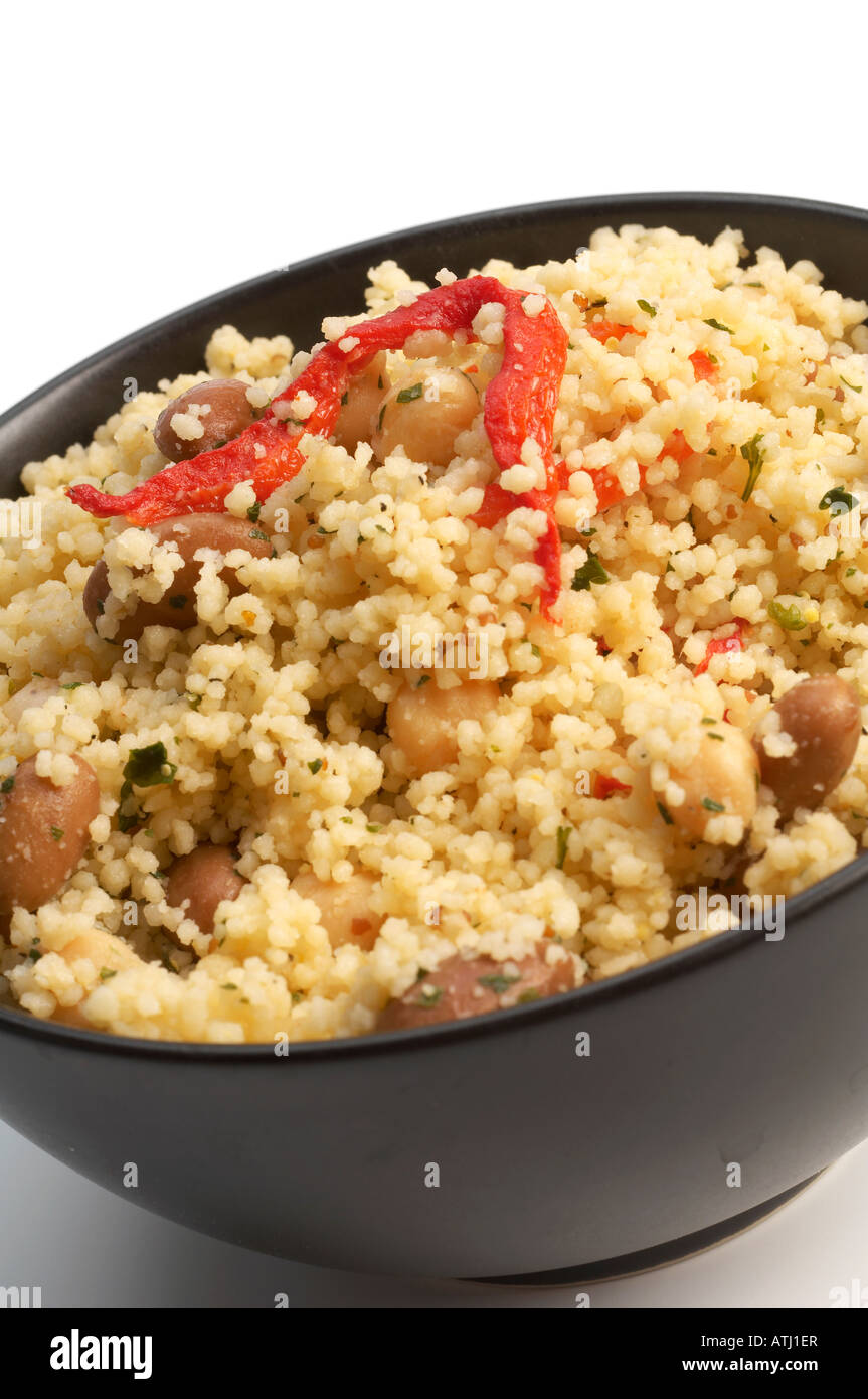 Cous Cous with roasted pepper borlotti beans chickpeas and parsley Stock Photo