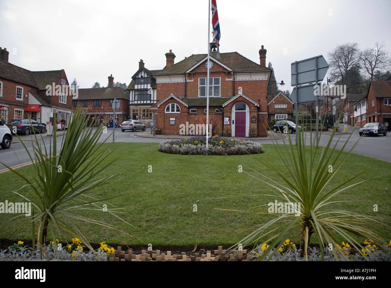 Haslemere Town Hall centre with Remembrance Day crosses in the foreground, Haslemere, Surrey, England. Stock Photo