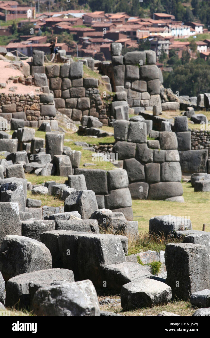 Inca carved stone walls at the military fort of Sacsayhuaman ruins in ...